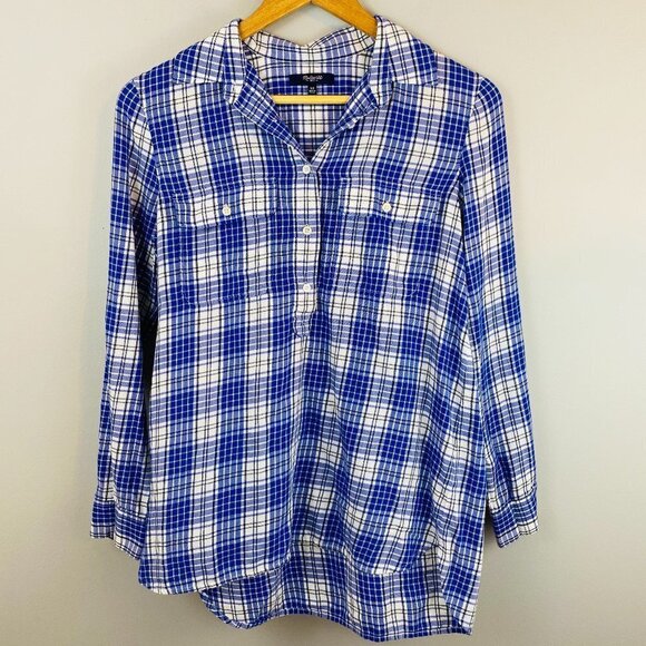 Madewell Popover Blouse Women's Size XS Plaid Blue Button Neck Collared Preppy - Picture 1 of 5